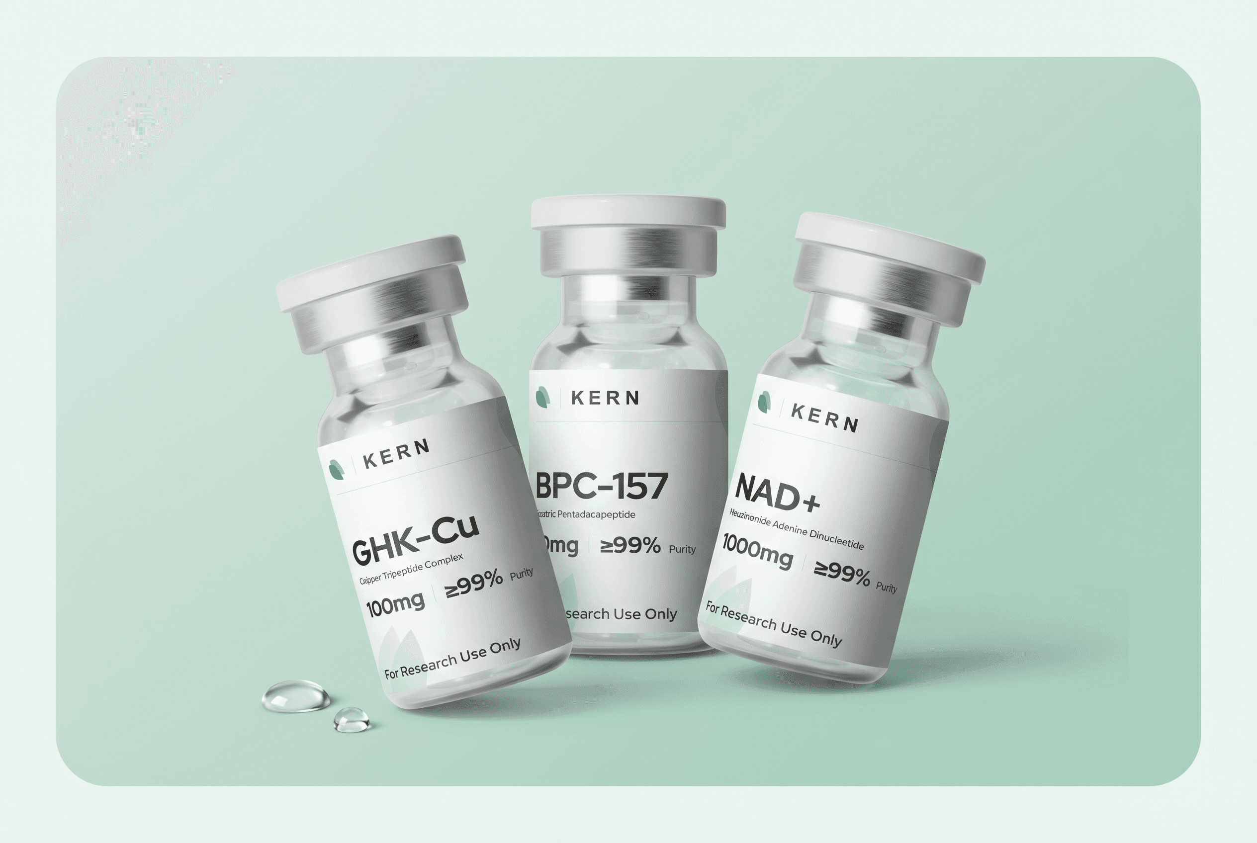 Kern GHK-Cu, BPC-157, and NAD+ research peptide vials