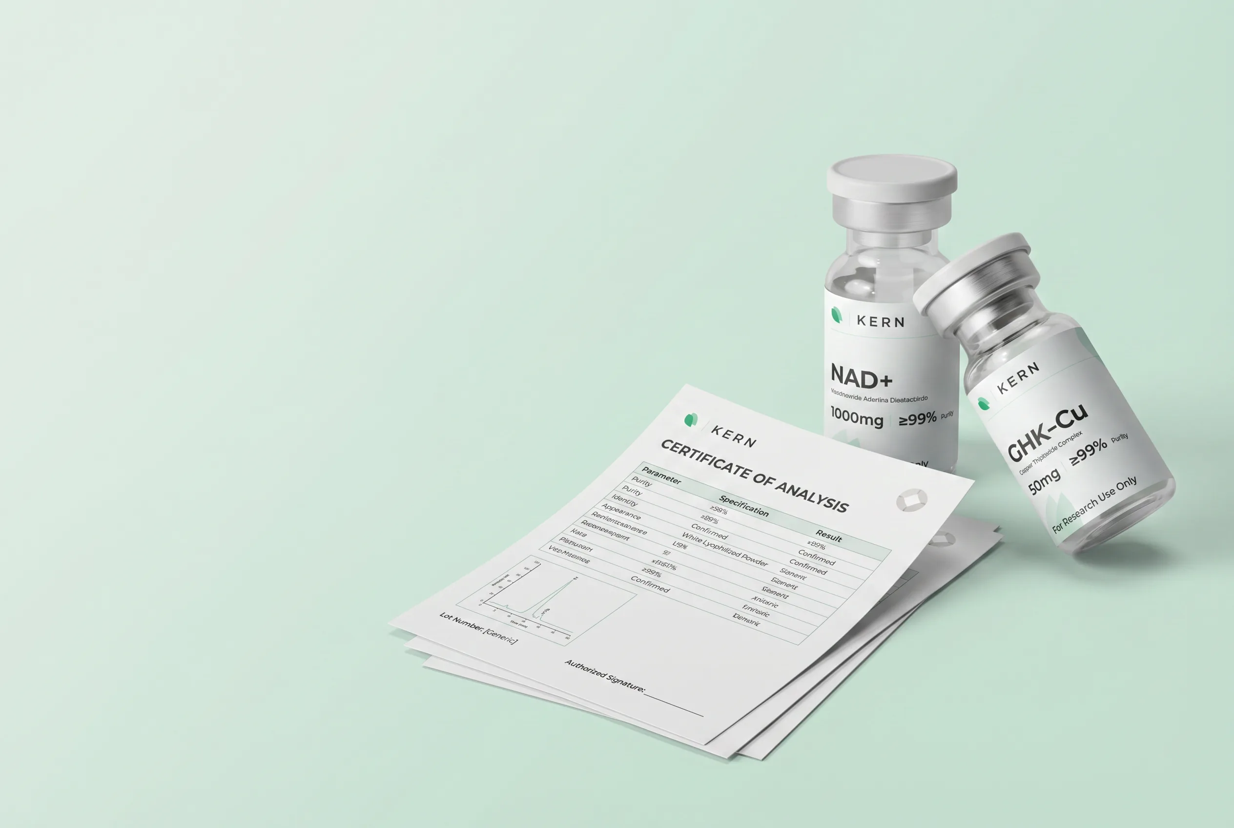Kern NAD+ and GHK-Cu research peptide vials with Certificate of Analysis